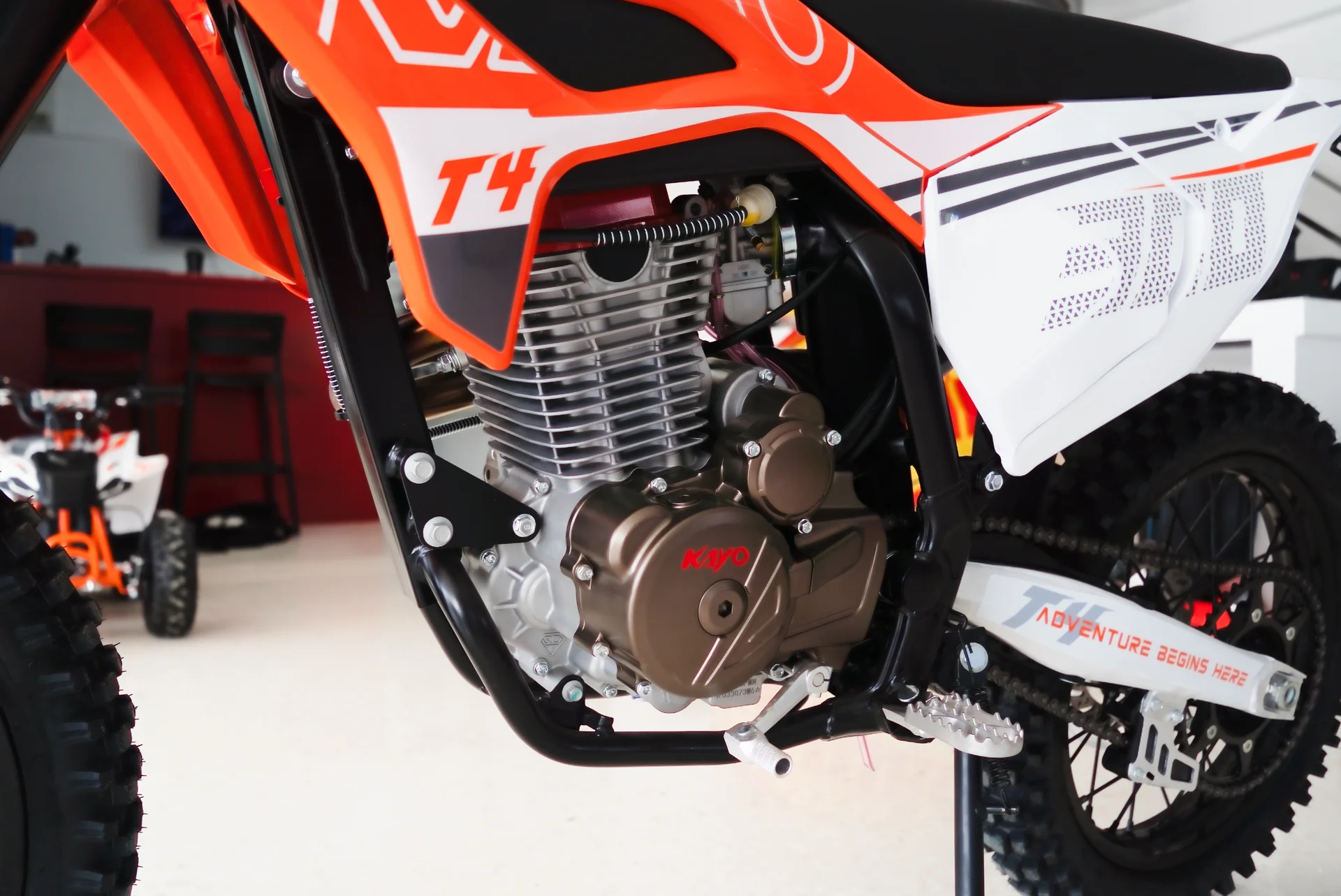 Close-up of the Kayo T4 300 engine photographed in the shop